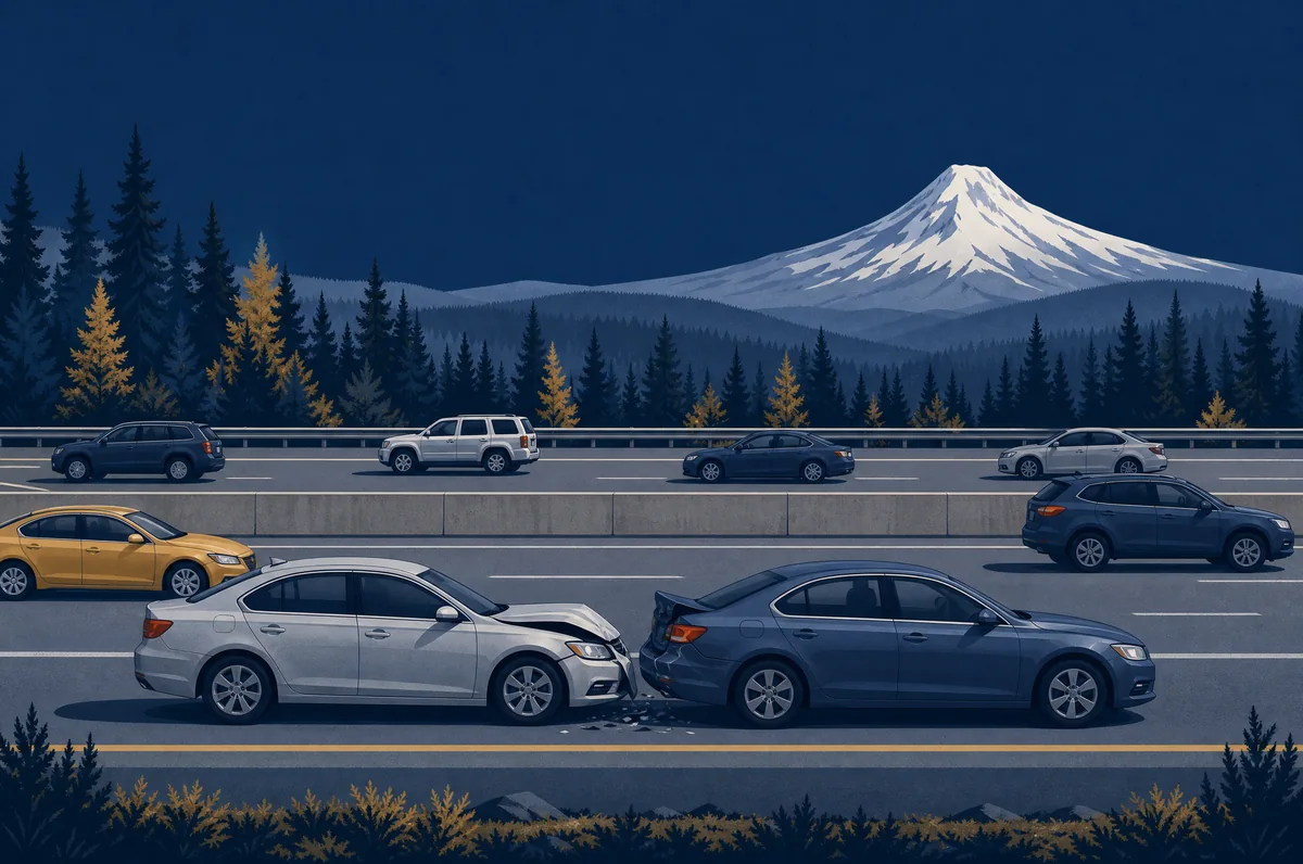 Cars on an Oregon interstate with Mount Hood in the distance and a minor collision