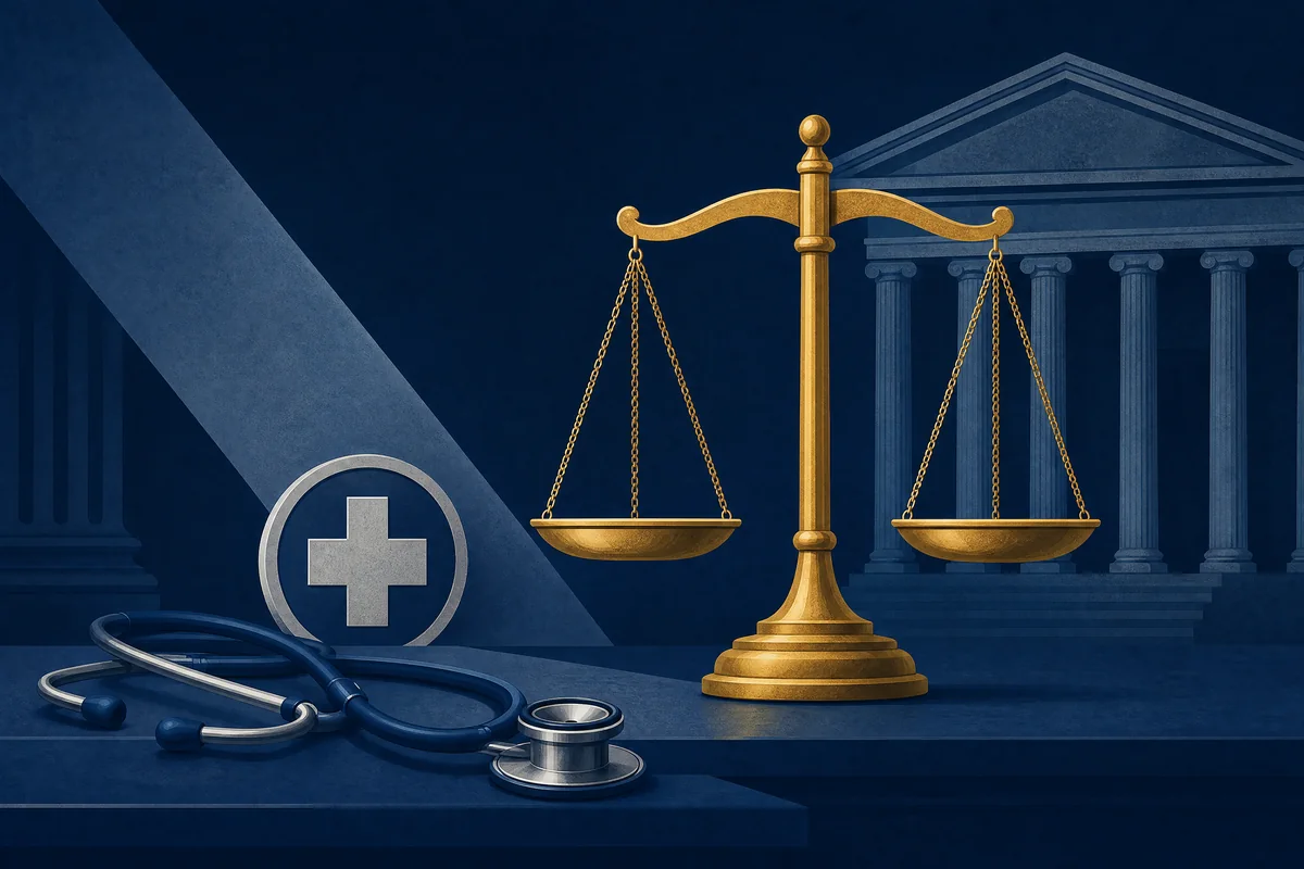 Scales of justice with a stethoscope and medical cross before a courthouse, symbolizing a doctor held accountable