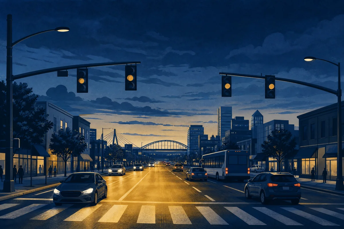 A wide multi-lane Portland arterial at dusk with one high-crash stretch highlighted