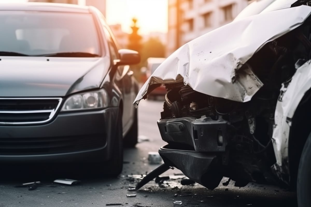white vehicle damaged in side impact crash with dark colored car