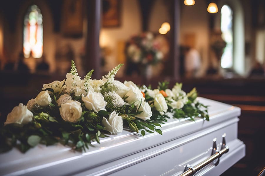 white roses on white coffin at a funeral