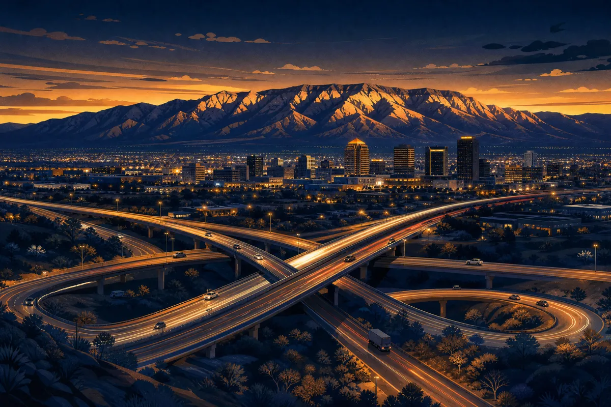 The Big I interchange where I-25 and I-40 meet in Albuquerque, New Mexico, with the Sandia Mountains at dusk