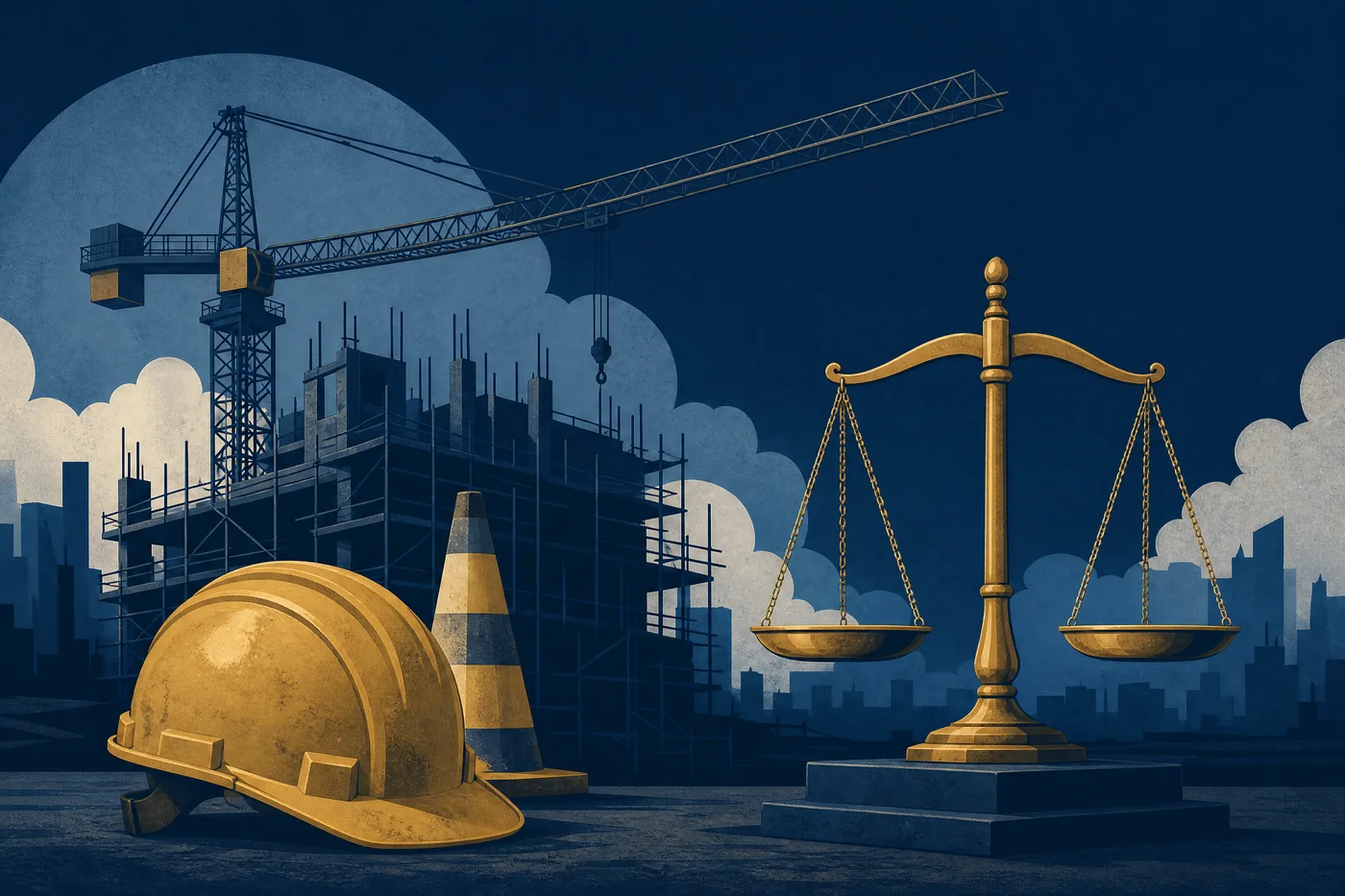 Un sitio de construcción en Fresno con una grúa y andamios, un casco de seguridad y la balanza de la justicia
