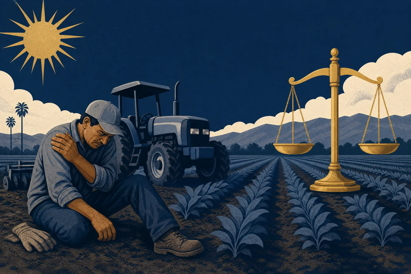 Un trabajador agrícola lesionado del Valle Central en un campo junto a un tractor, con la balanza de la justicia