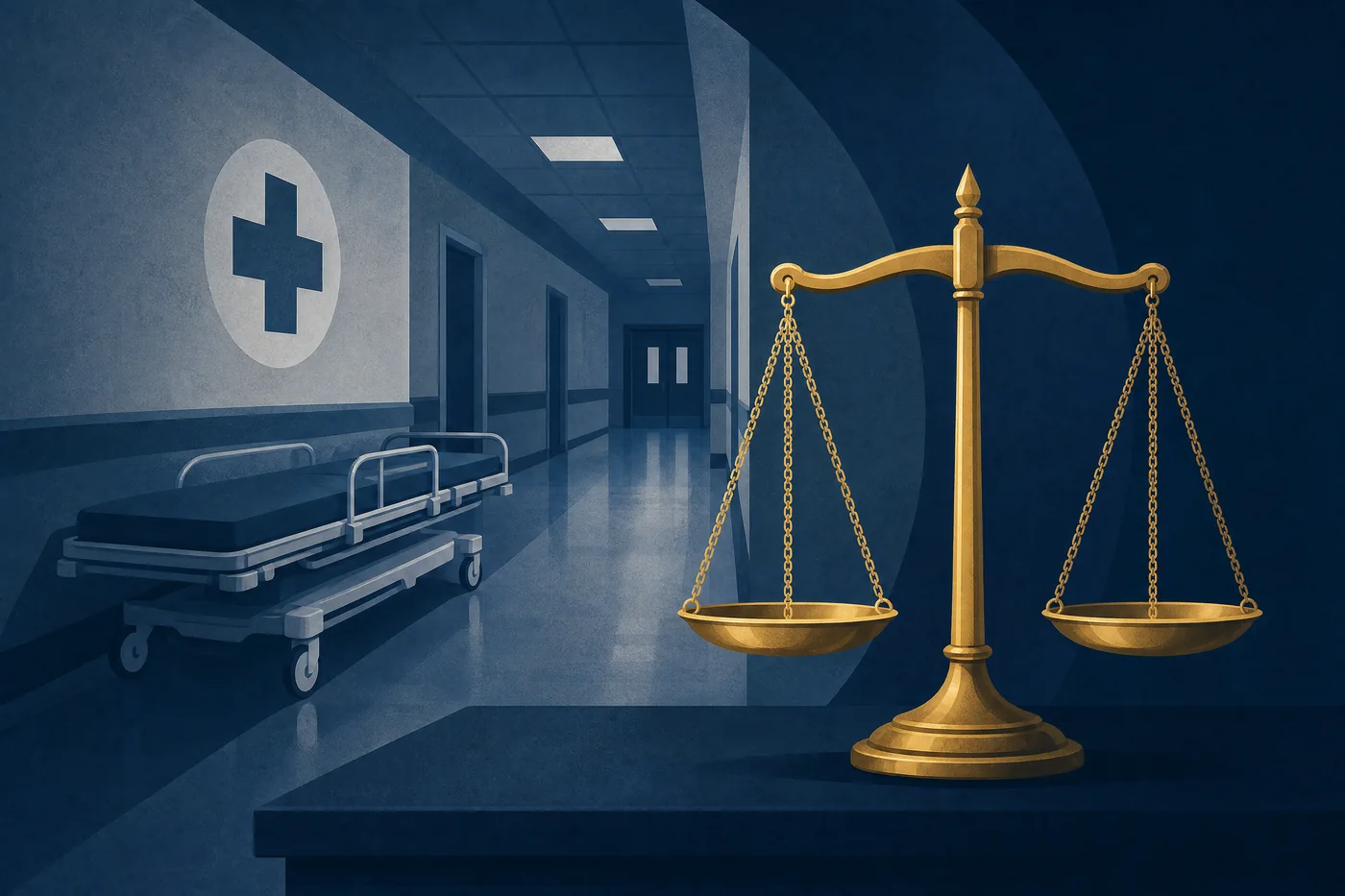 Hospital corridor with scales of justice representing a fatal medical error claim