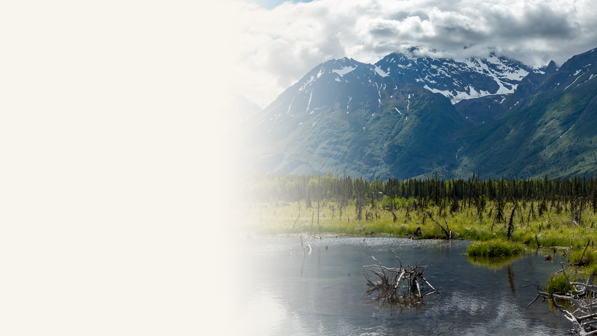 Chugach Mountains with an alpine lake and evergreen forest near Anchorage, Alaska