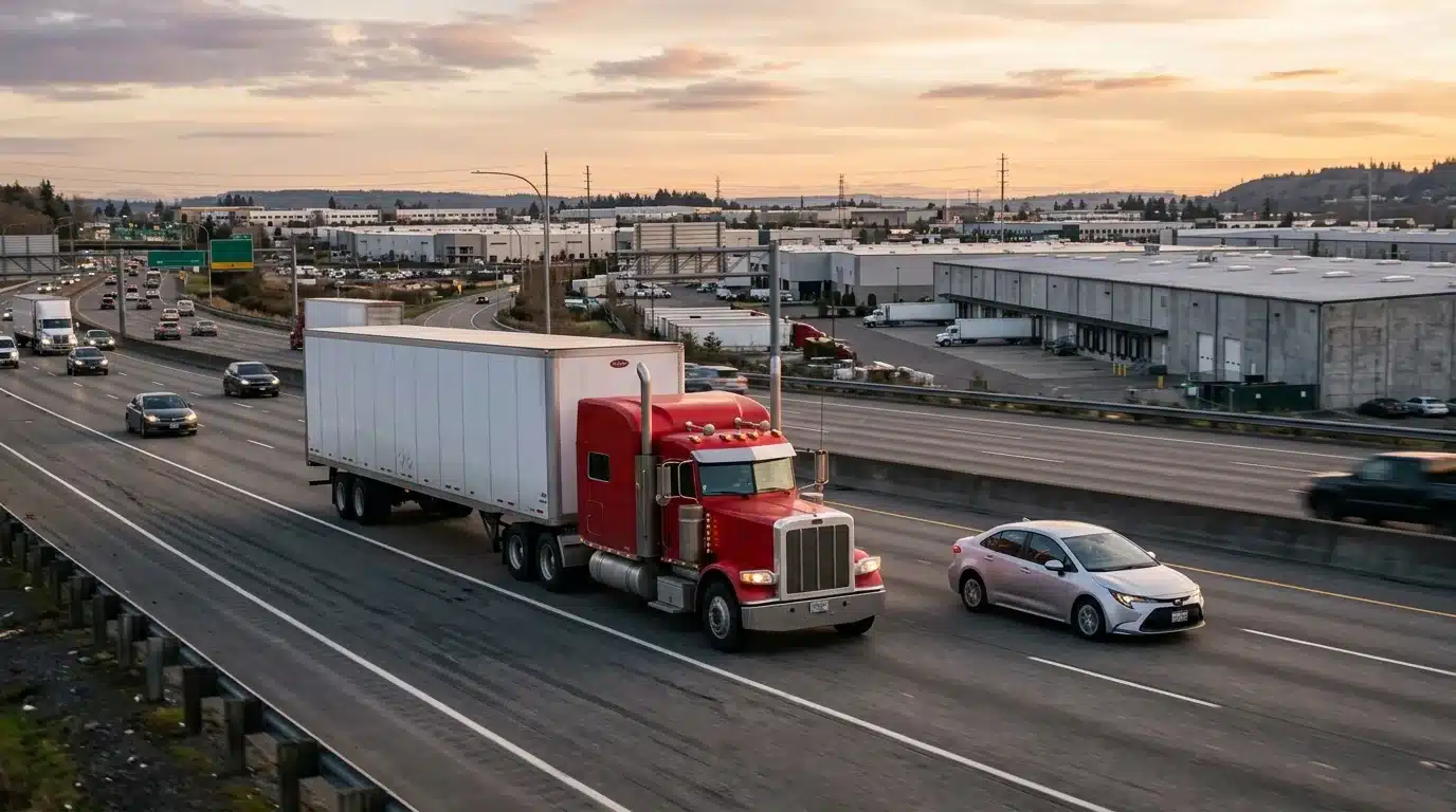 Tractor-trailers on a freight corridor through the Kent Valley with a passenger car alongside