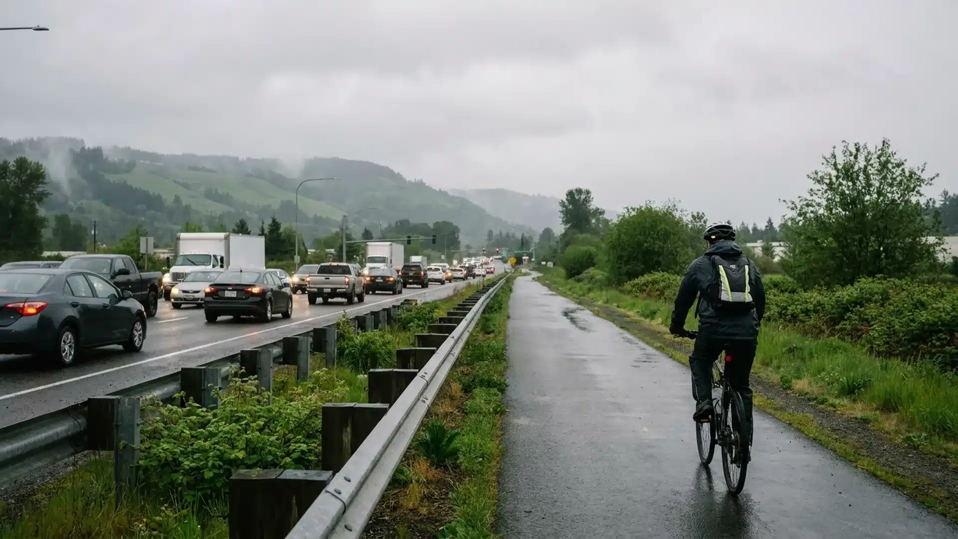 Cyclist riding a separated trail beside a road in the Kent Valley