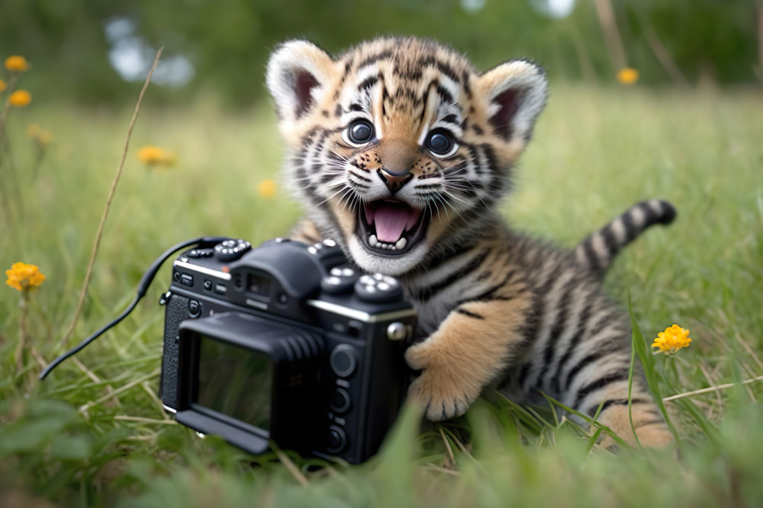 baby tiger with camera