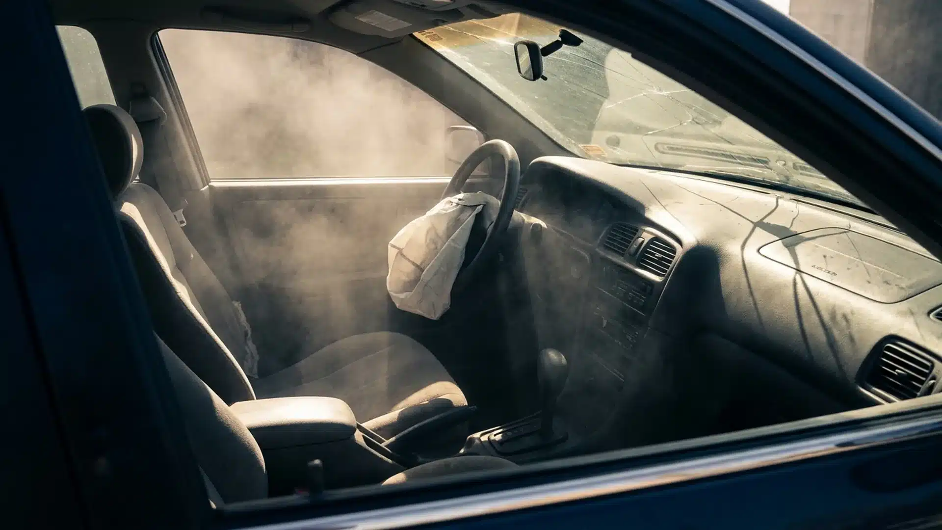 Deflated Takata airbag draped over a steering wheel in a dusty Florida car interior