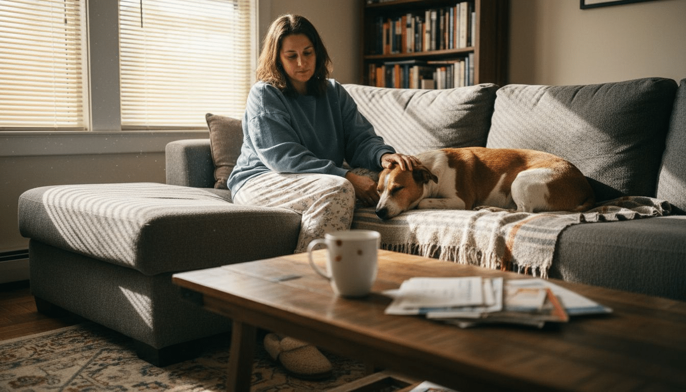 Woman calmly sitting with support dog at home