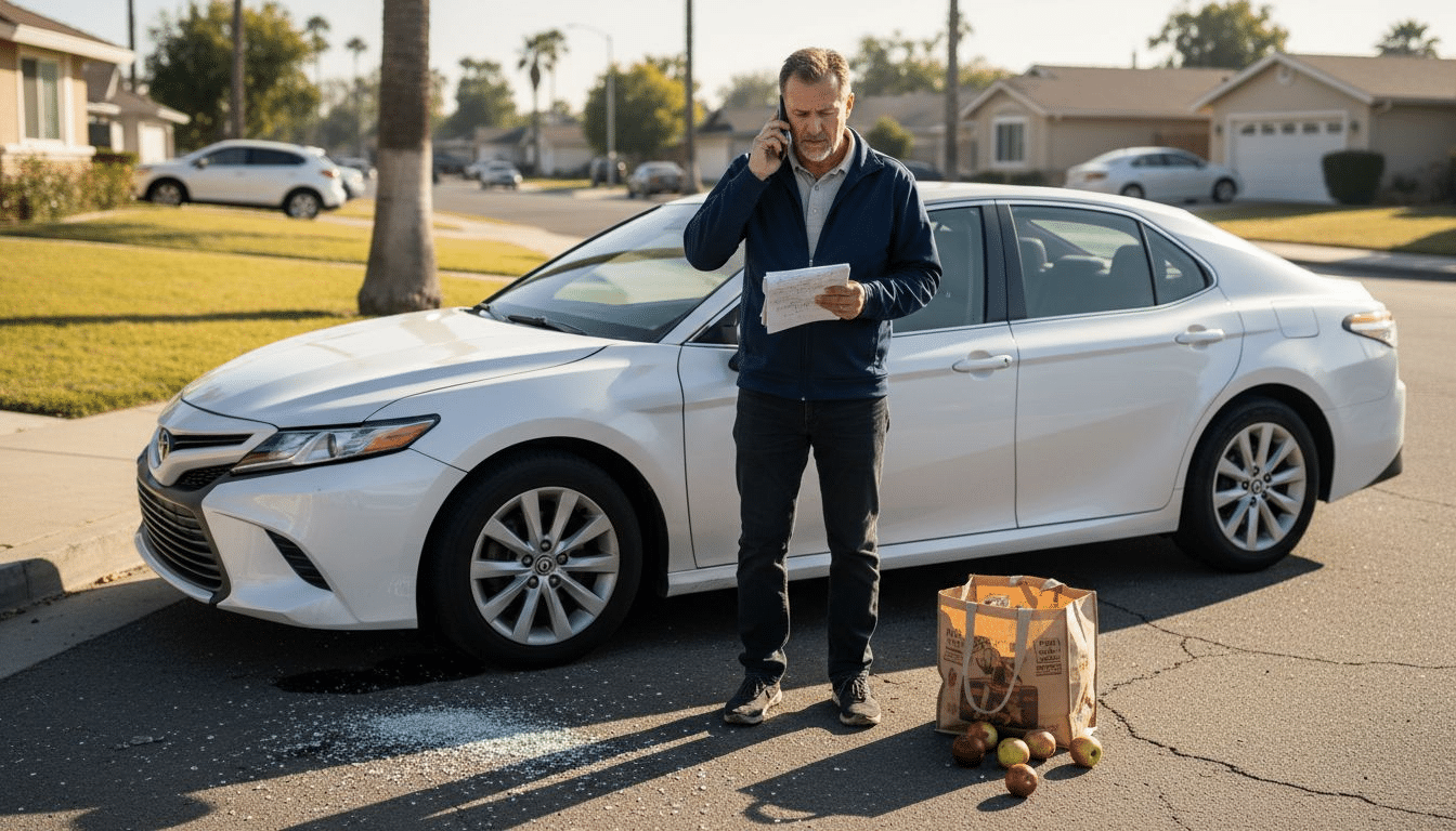 Hombre denunciando un accidente en Bakersfield junto a un coche