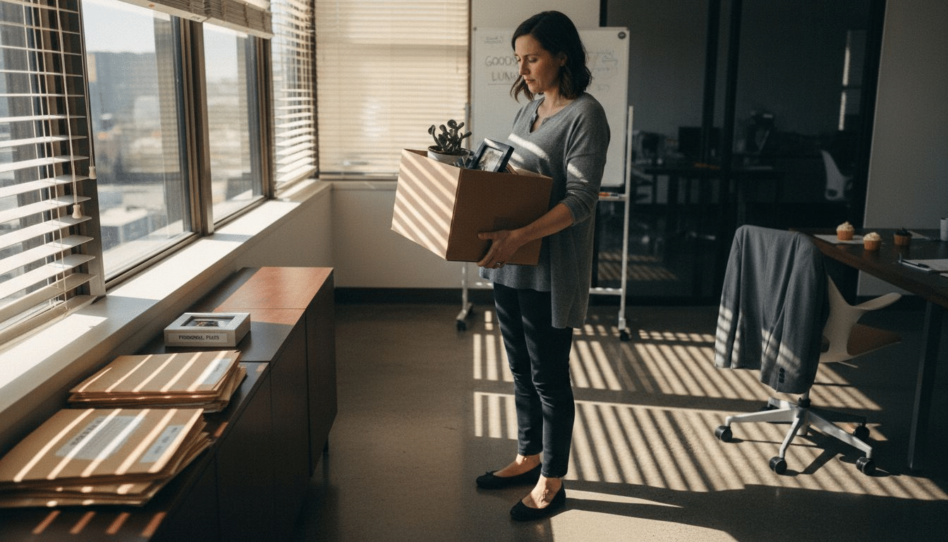 Pregnant woman packing after job loss