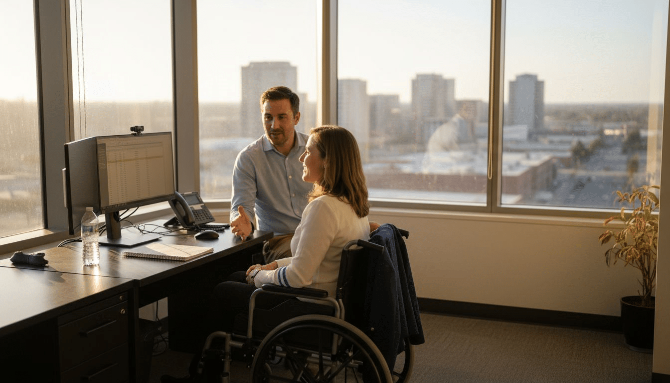 Disabled worker having discussion in Fresno office