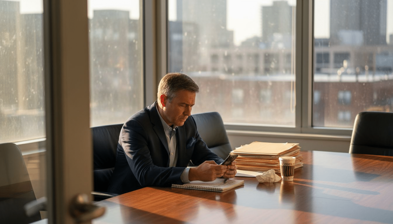 Man looks anxious at conference table with files
