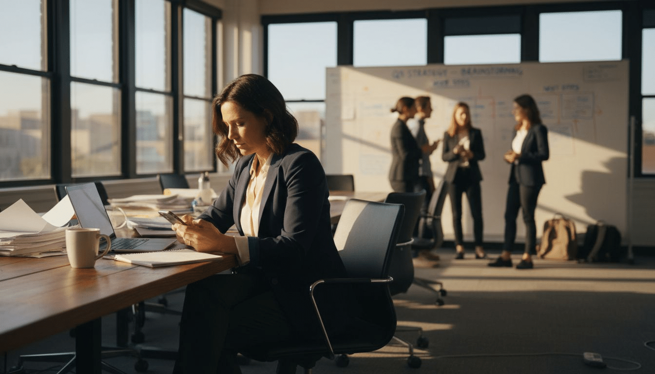 Isolated employee at conference table with coworkers chatting nearby. retaliation concept