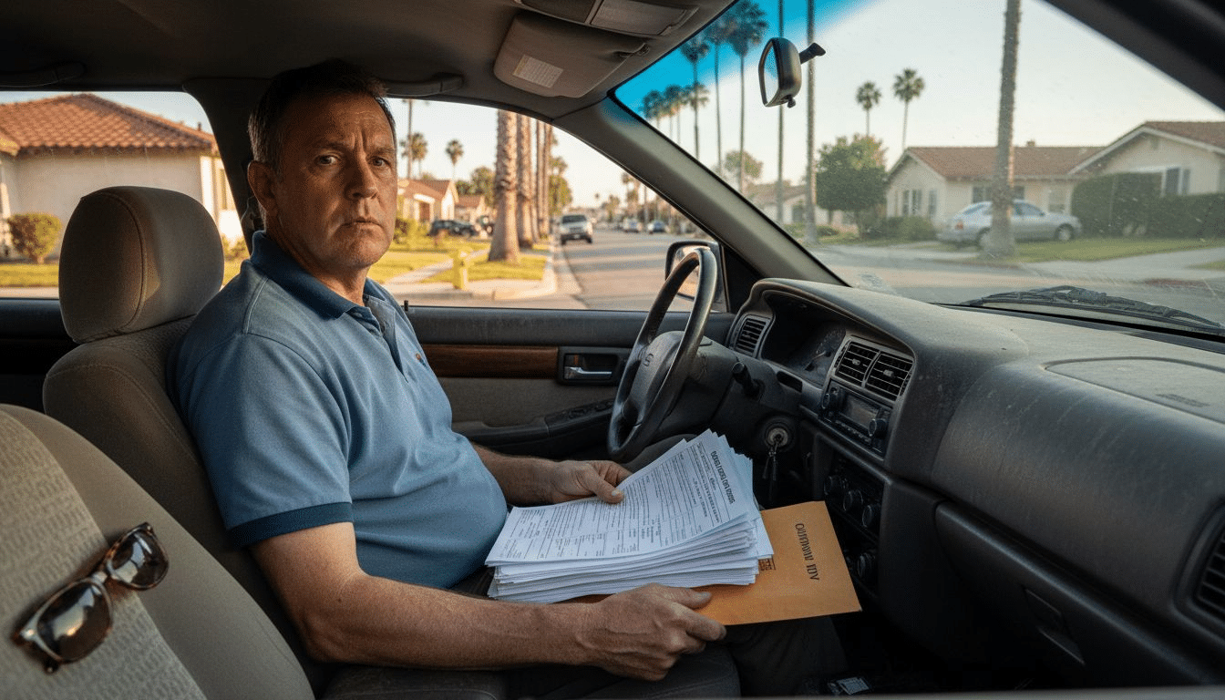 Man reading vehicle accident report in car