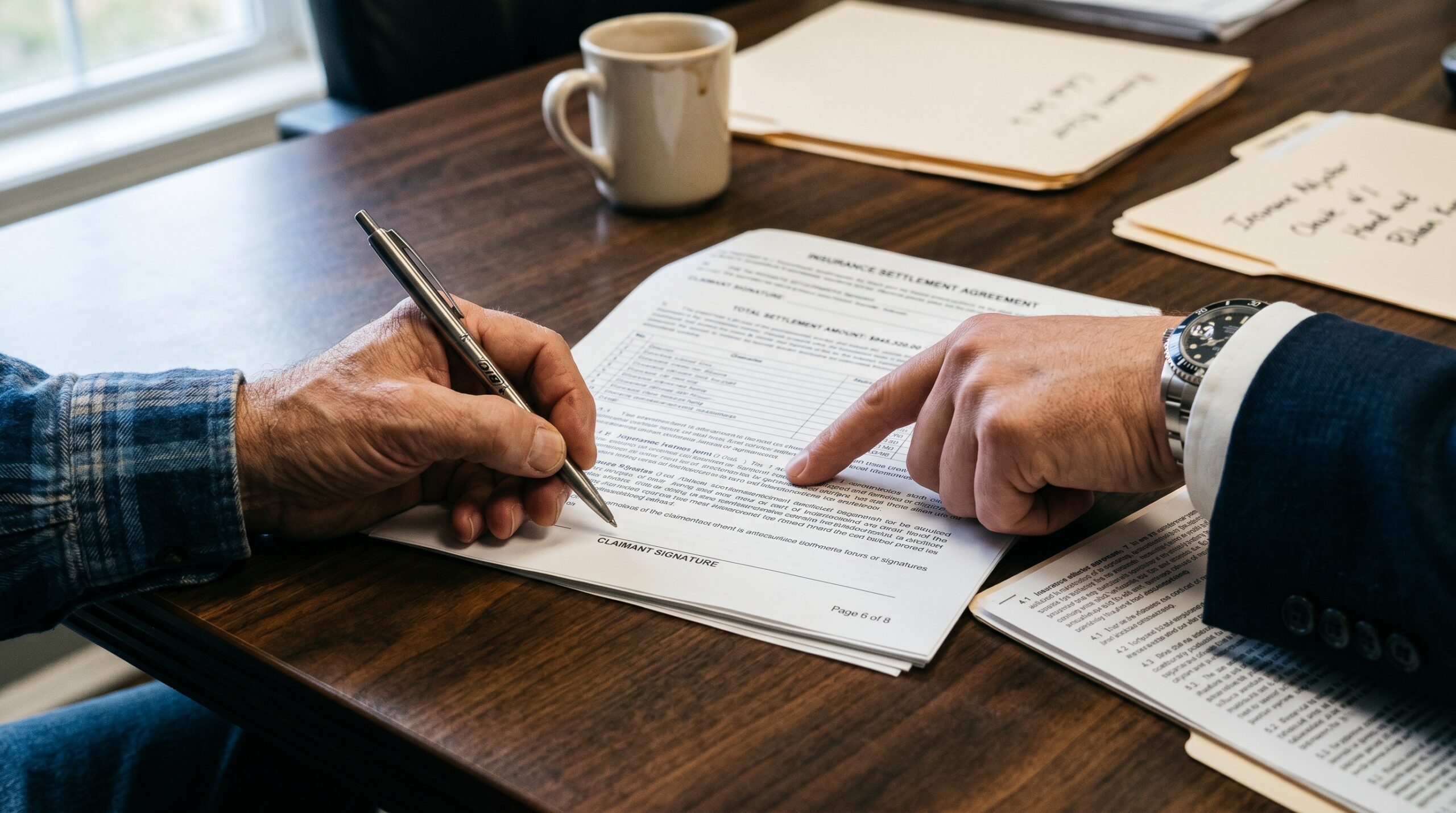 A client's hand hovering a pen over the signature line of an insurance settlement agreement while an adjuster's finger points firmly at fine print in the document