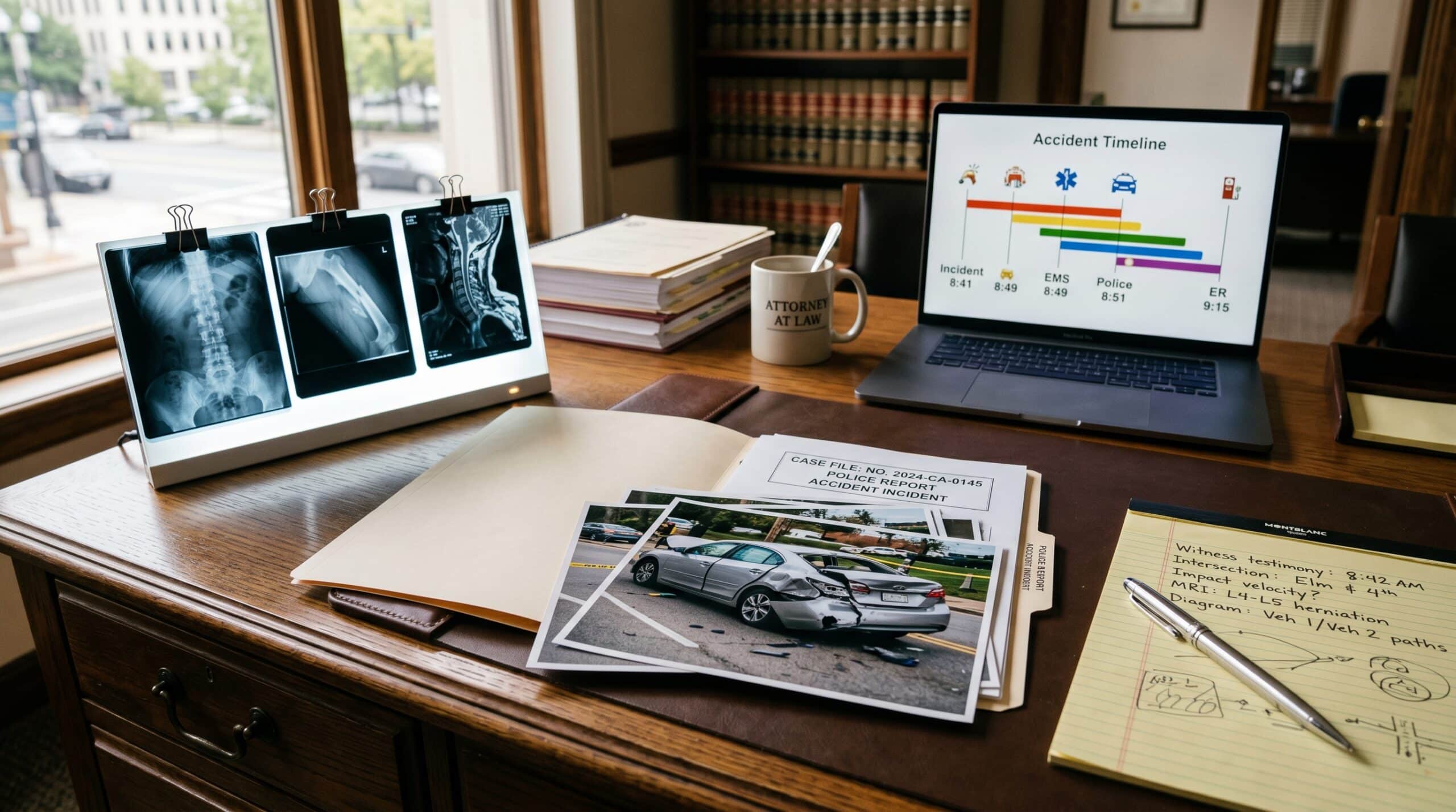 Portland car accident attorney's desk with crash scene photographs, medical X-ray films, an open police report folder, a legal pad of witness notes, and a laptop showing an accident timeline