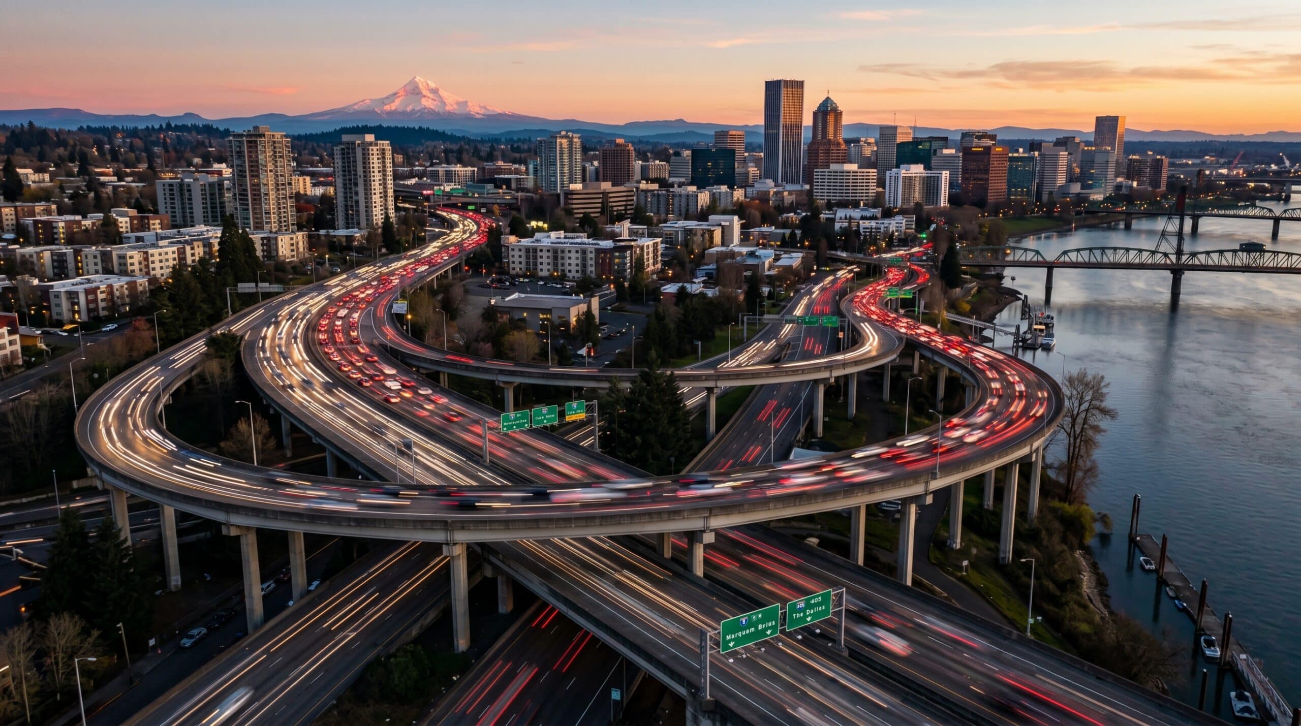 Aerial view of the I-5 and I-405 freeway interchange in downtown Portland at golden hour, with Mt. Hood visible on the horizon and heavy rush-hour traffic leaving streaming light trails