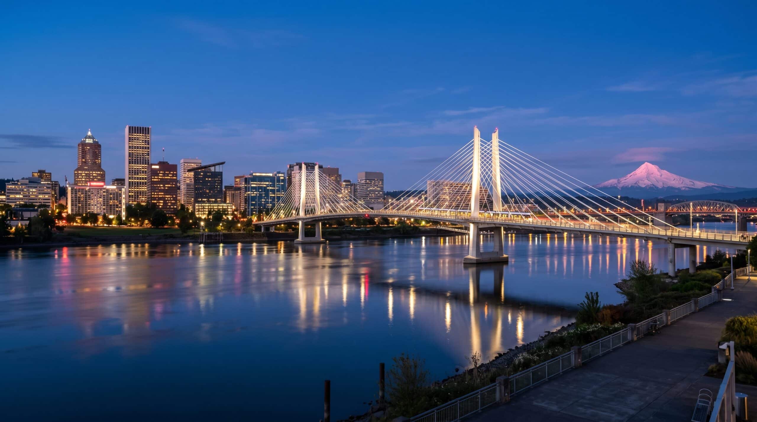 Portland Oregon skyline at blue hour with the Tilikum Crossing cable-stayed bridge spanning the Willamette River and Mt. Hood lit by alpenglow in the distance