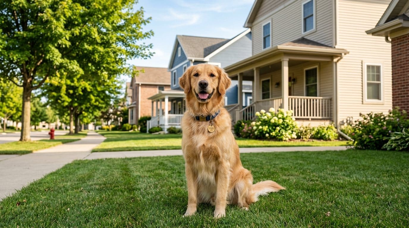 Golden retriever with city license tag sitting on a lawn in an Appleton, Wisconsin residential neighborhood