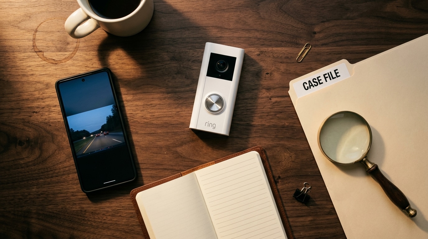 Flat-lay of investigative tools — Ring doorbell camera, dashcam footage on a phone, closed case file folder, magnifying glass, and notepad on a walnut desk