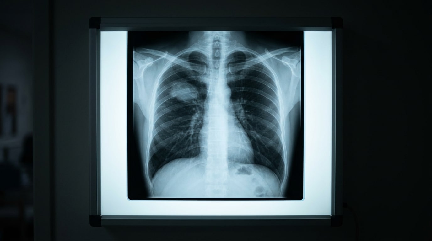 Chest X-ray displayed on a backlit radiology viewing panel in a darkened hospital reading room