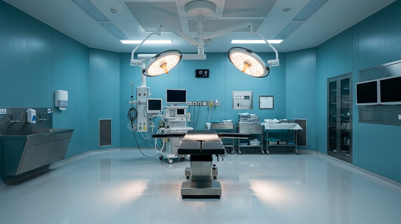 Empty modern hospital operating room with a central surgical table beneath twin overhead dome lights