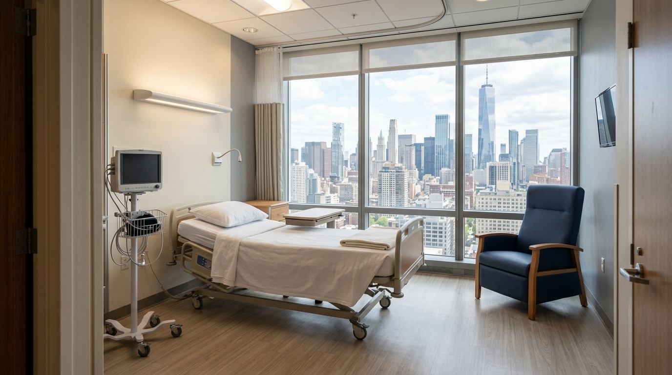 Empty modern New York City hospital patient room with the Manhattan skyline visible through a floor-to-ceiling window