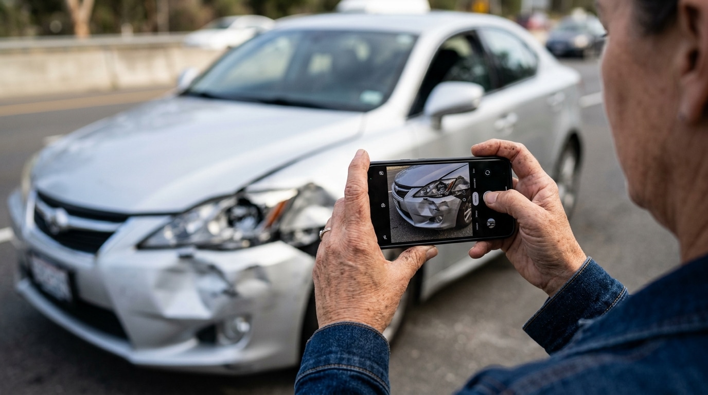 A person photographing vehicle damage with a smartphone after a Plantation, Florida accident