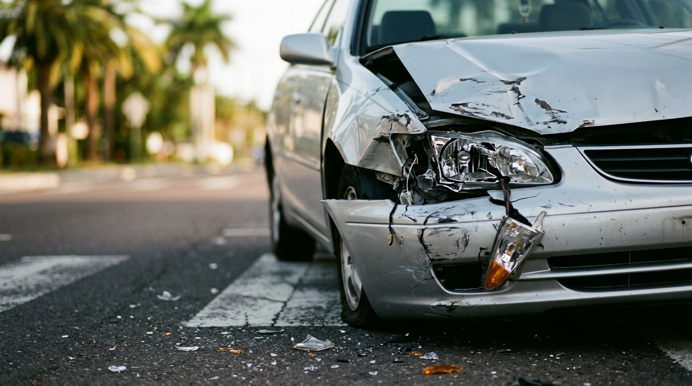 Close-up of front-end collision damage on a car after a Plantation, Florida intersection crash