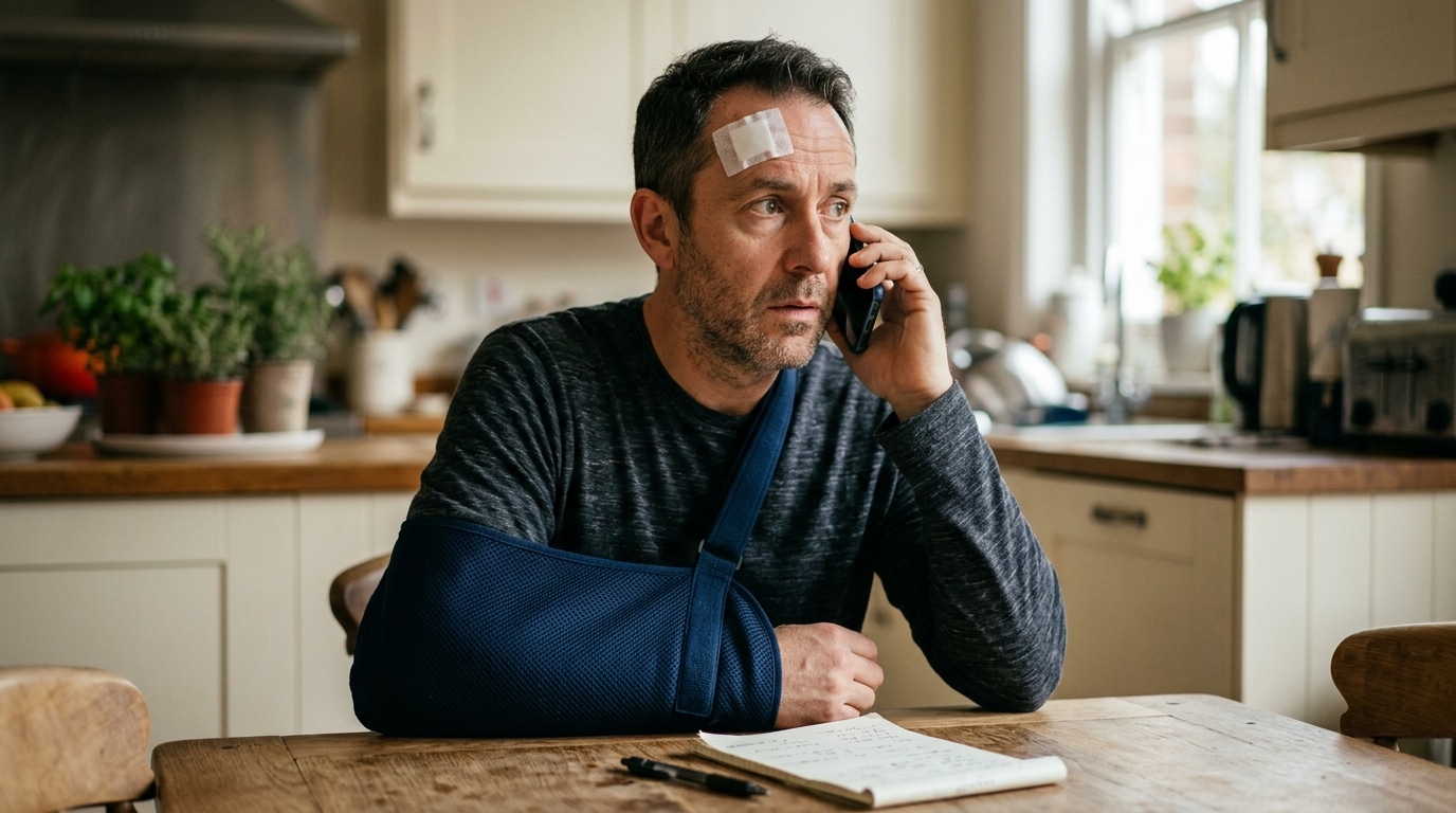 An injured man with a forehead bandage and his arm in a sling taking a call from an insurance adjuster after a Plantation, Florida accident