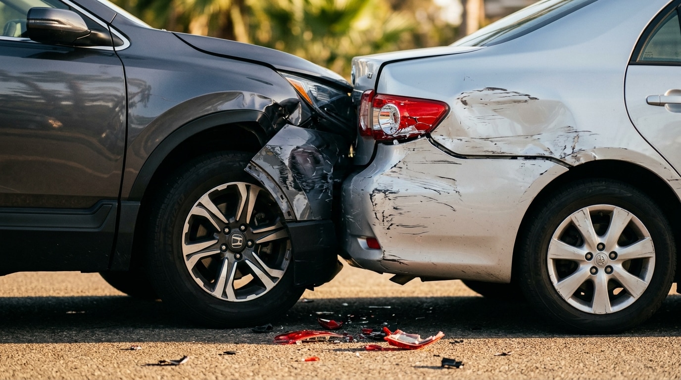 Close-up of two vehicles crumpled together at the point of impact in a Plantation, Florida collision