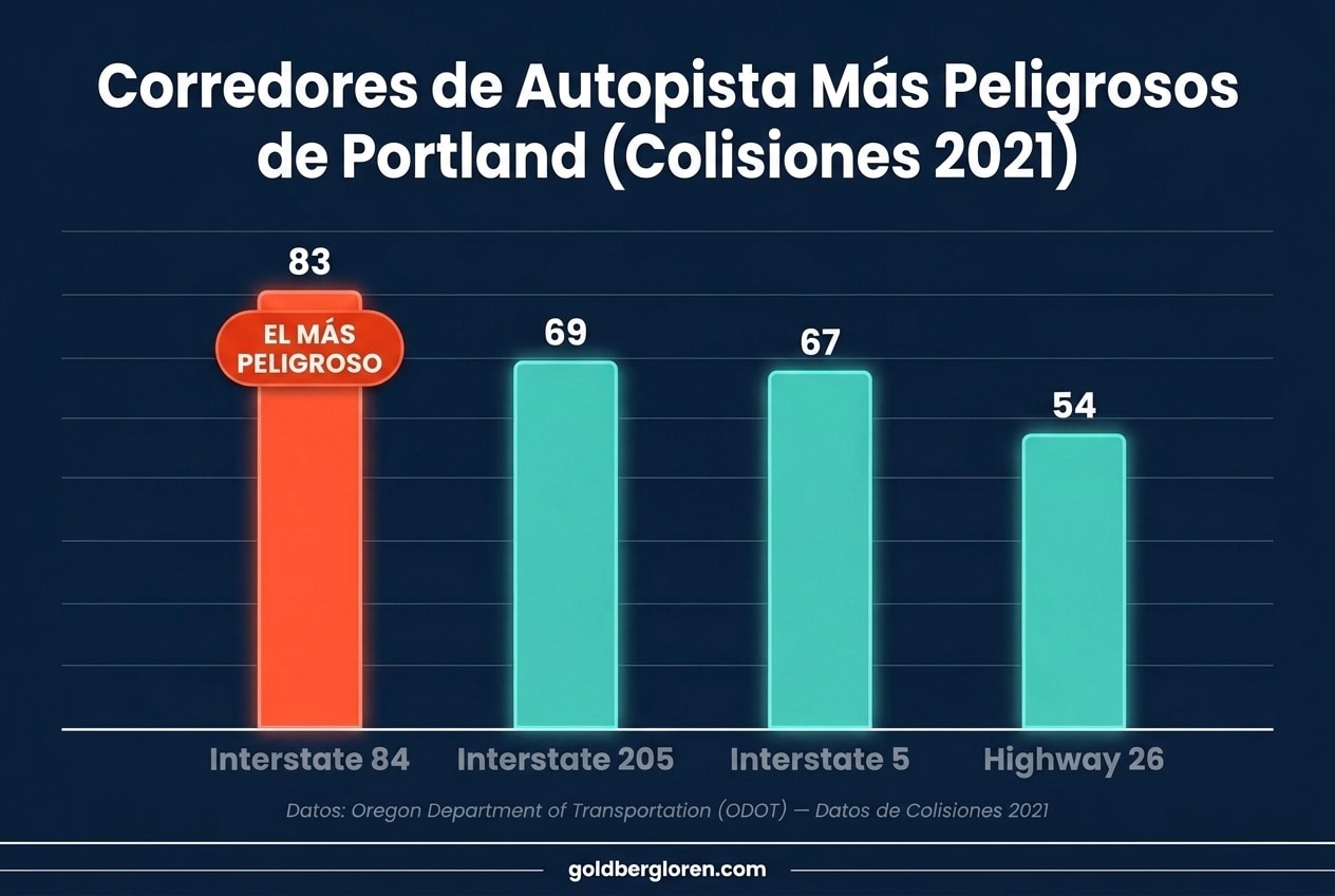 Los 4 corredores de autopista más peligrosos de Portland por total de colisiones: I-84 (83), I-205 (69), I-5 (67), Highway 26 (54)