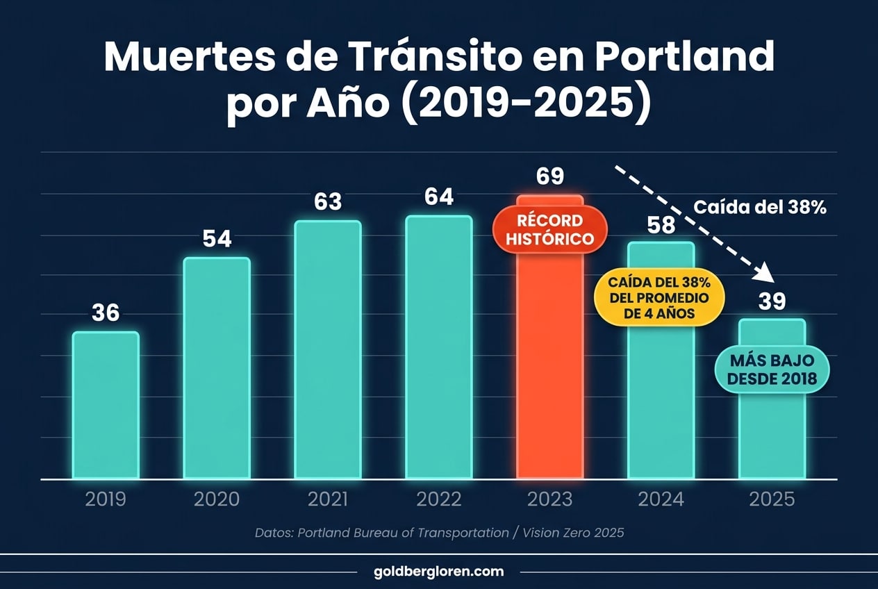 Gráfico de barras de muertes de tránsito en Portland por año, mostrando caída desde el pico de 69 en 2023 hasta 39 en 2025