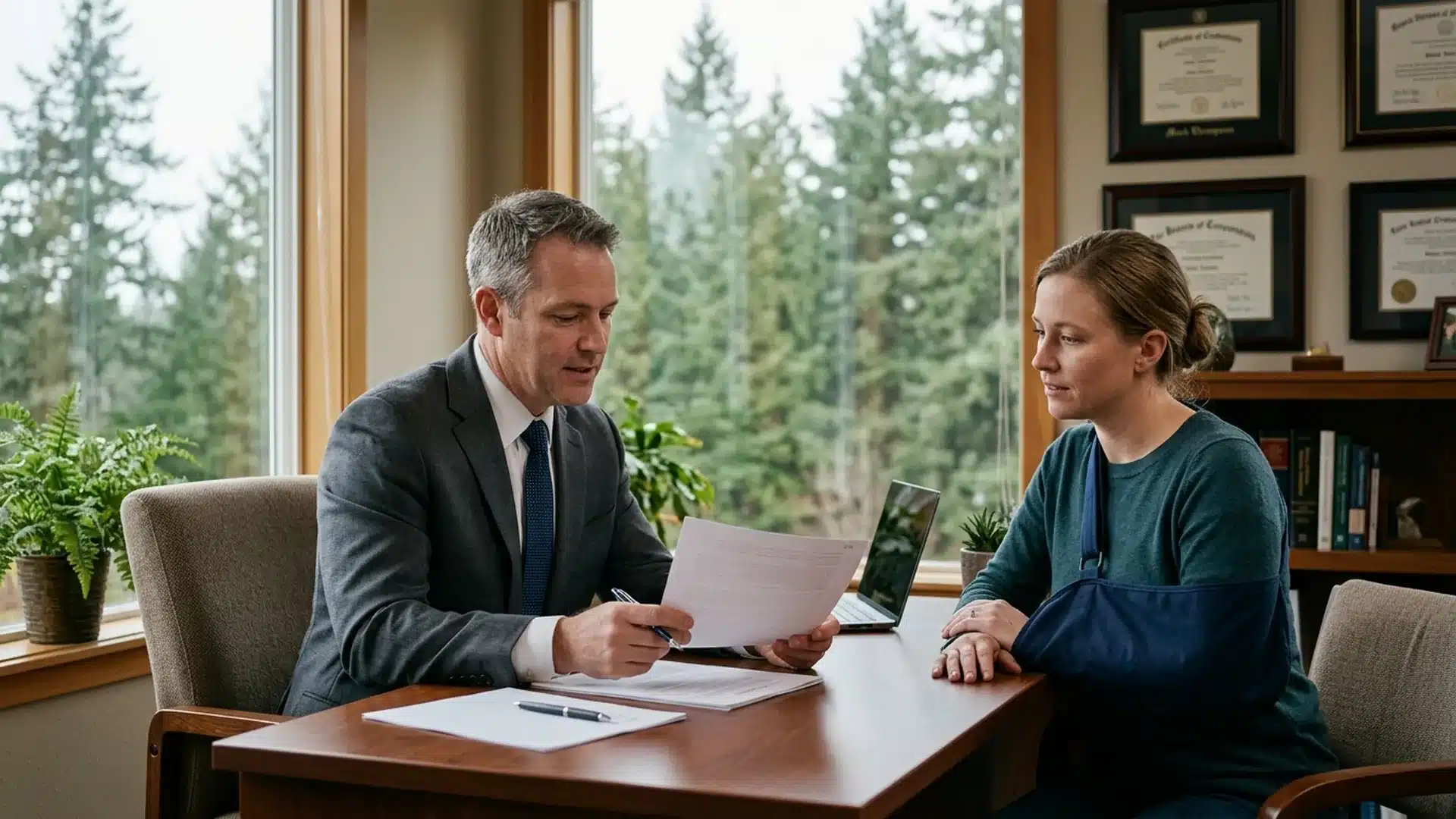 Personal injury attorney reviewing documents with an injured client
