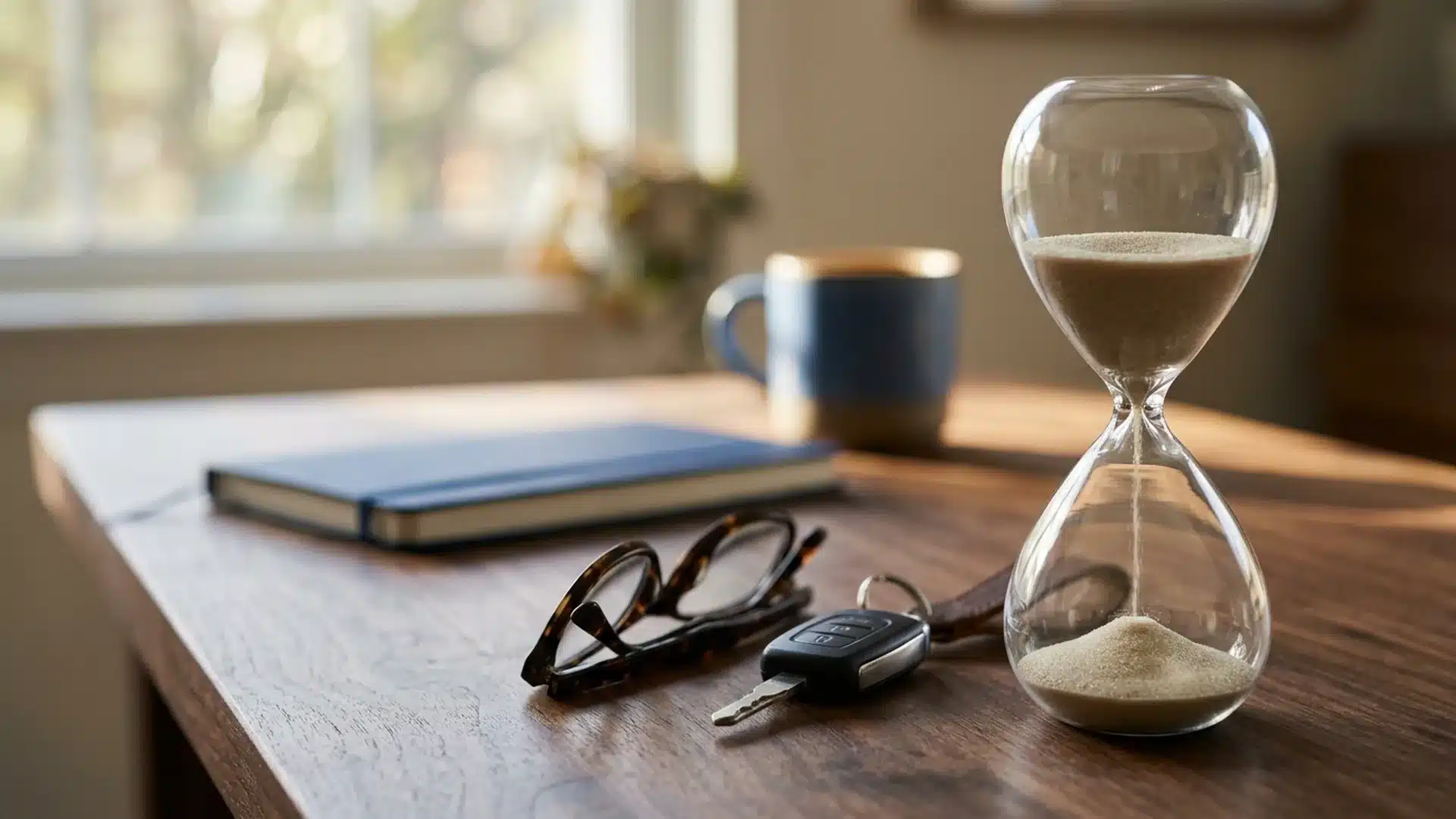 An hourglass running out of sand next to car keys on a desk