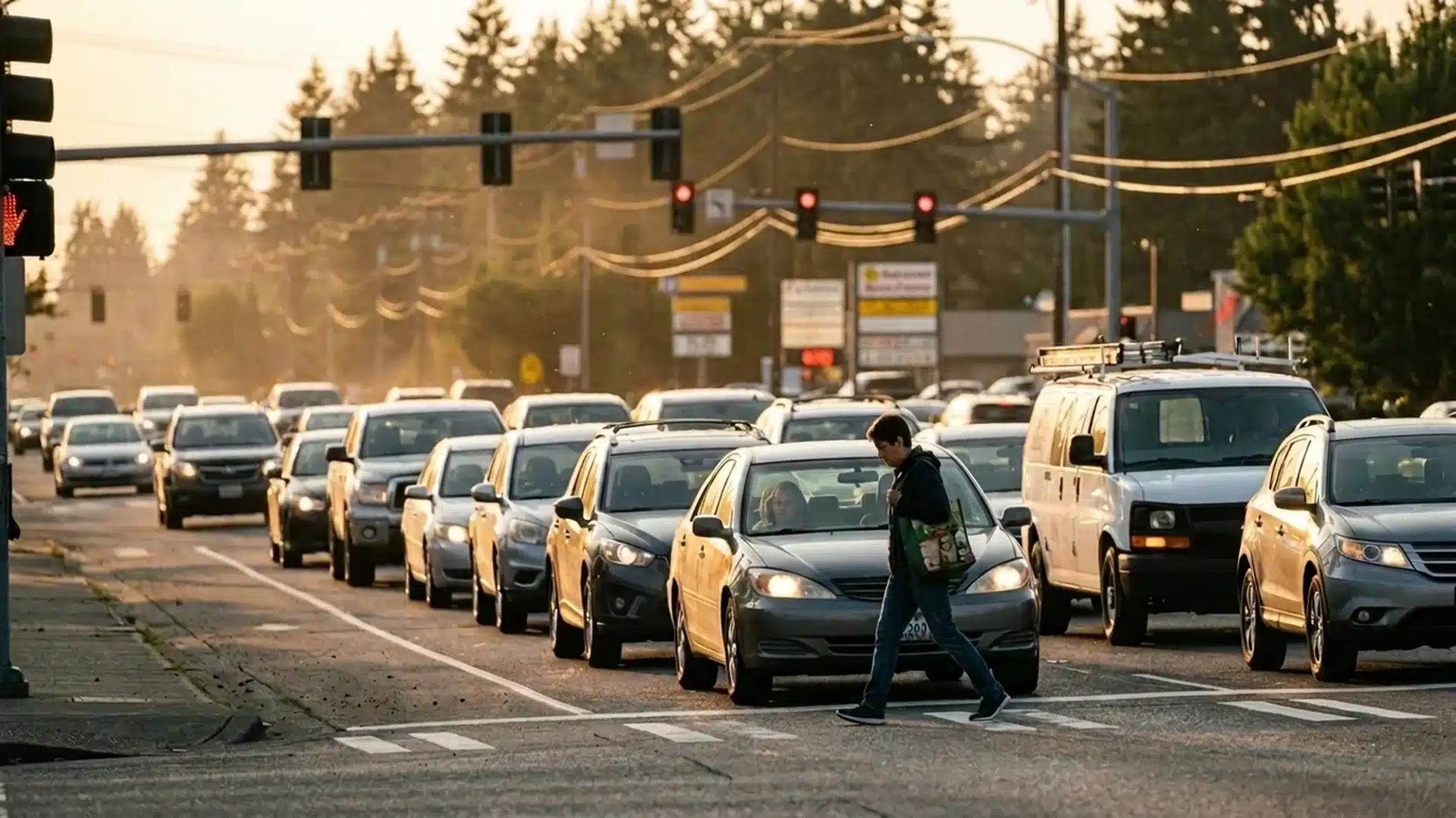 Cars stopped at a Kent intersection while a pedestrian crosses at golden hour