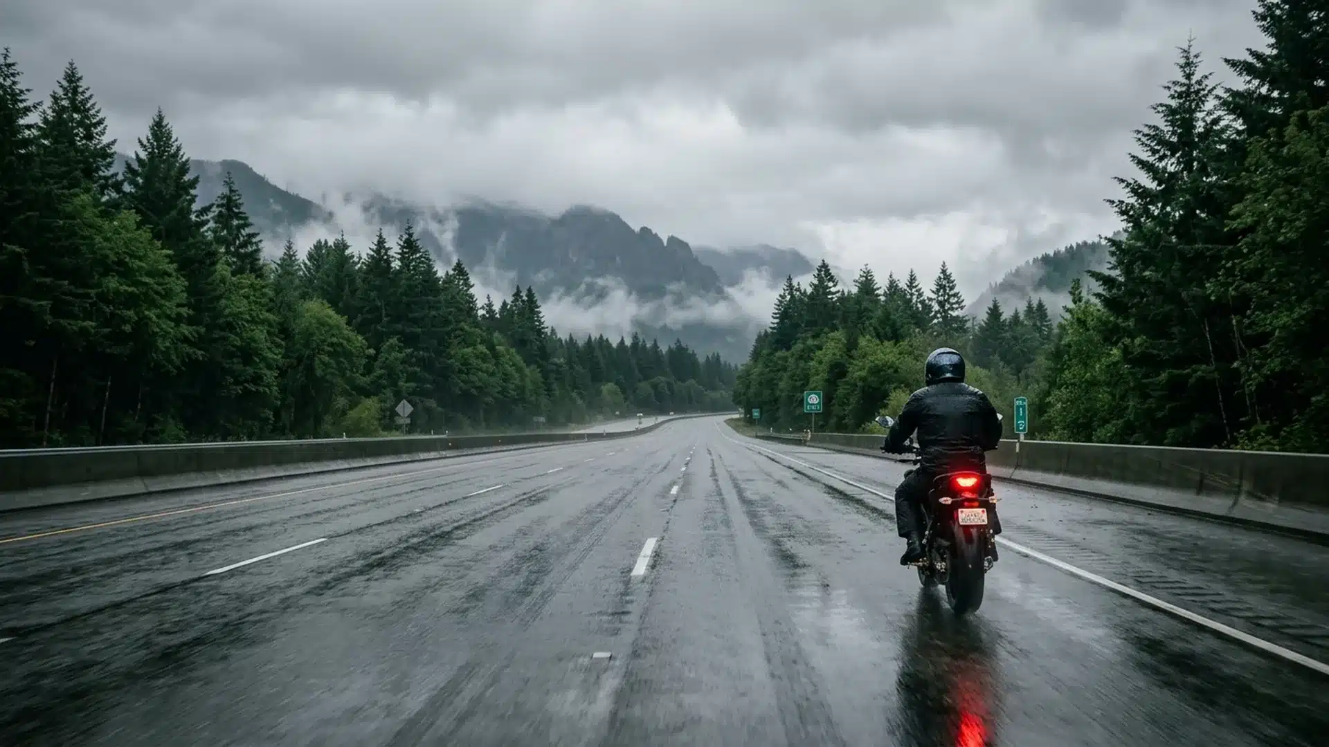 Motorcyclist riding a rain-slicked Washington highway toward the Cascade foothills near Kent