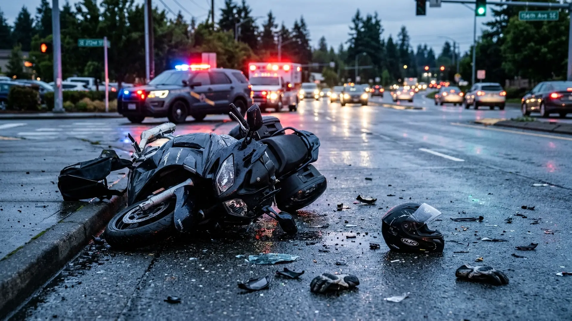 Damaged motorcycle and cracked helmet on a wet south King County road with emergency lights behind