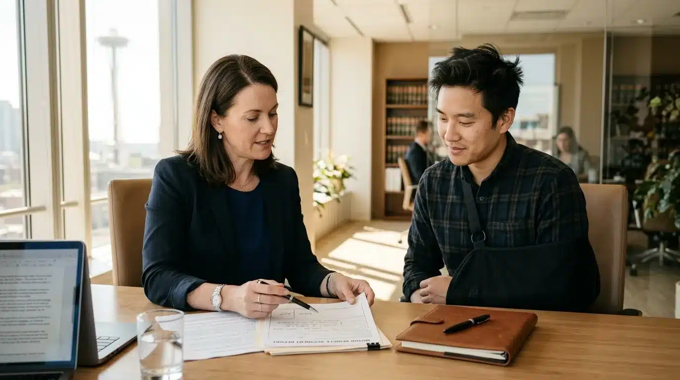 Truck accident attorney reviewing crash documents with an injured client