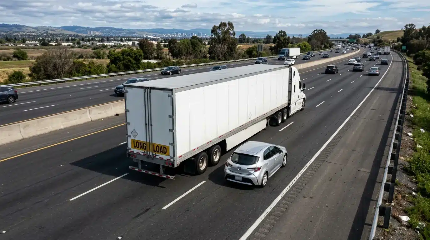 A passenger car traveling in the blind-spot no-zone alongside a large semi truck