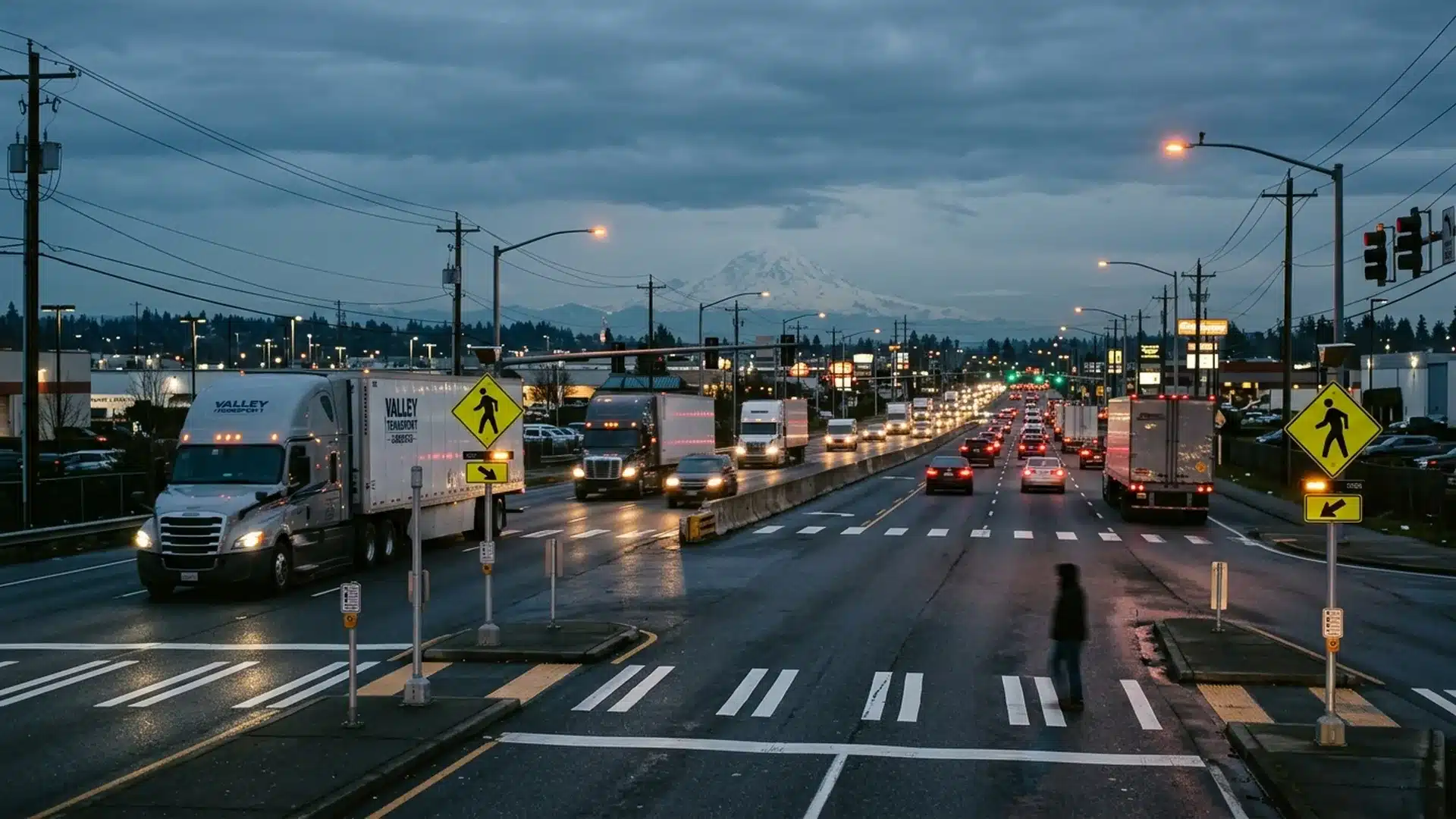 Freight trucks and a crosswalk on Pacific Highway South in Kent at dusk