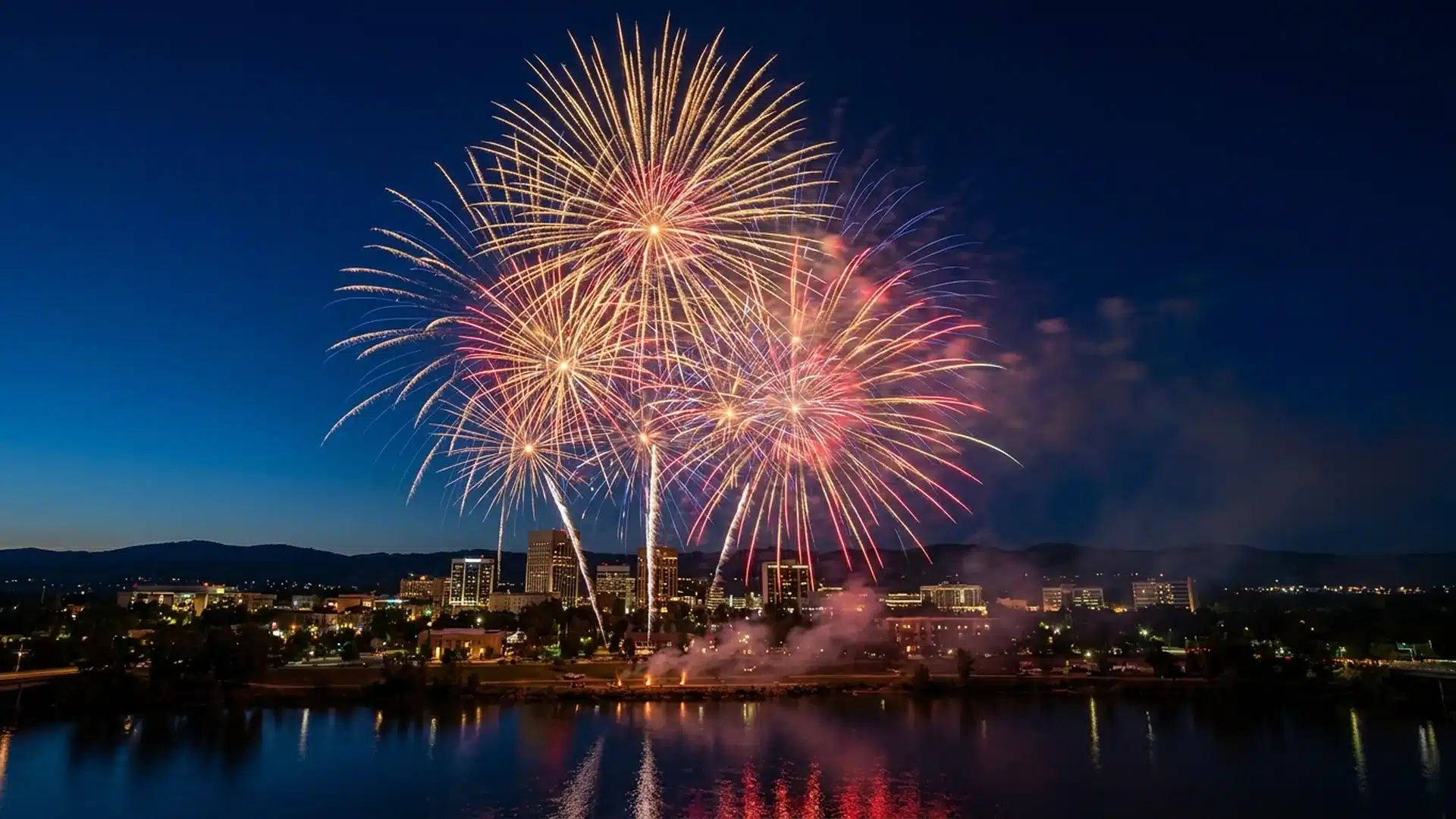 Fourth of July fireworks bursting over the downtown Boise, Idaho skyline and Boise River