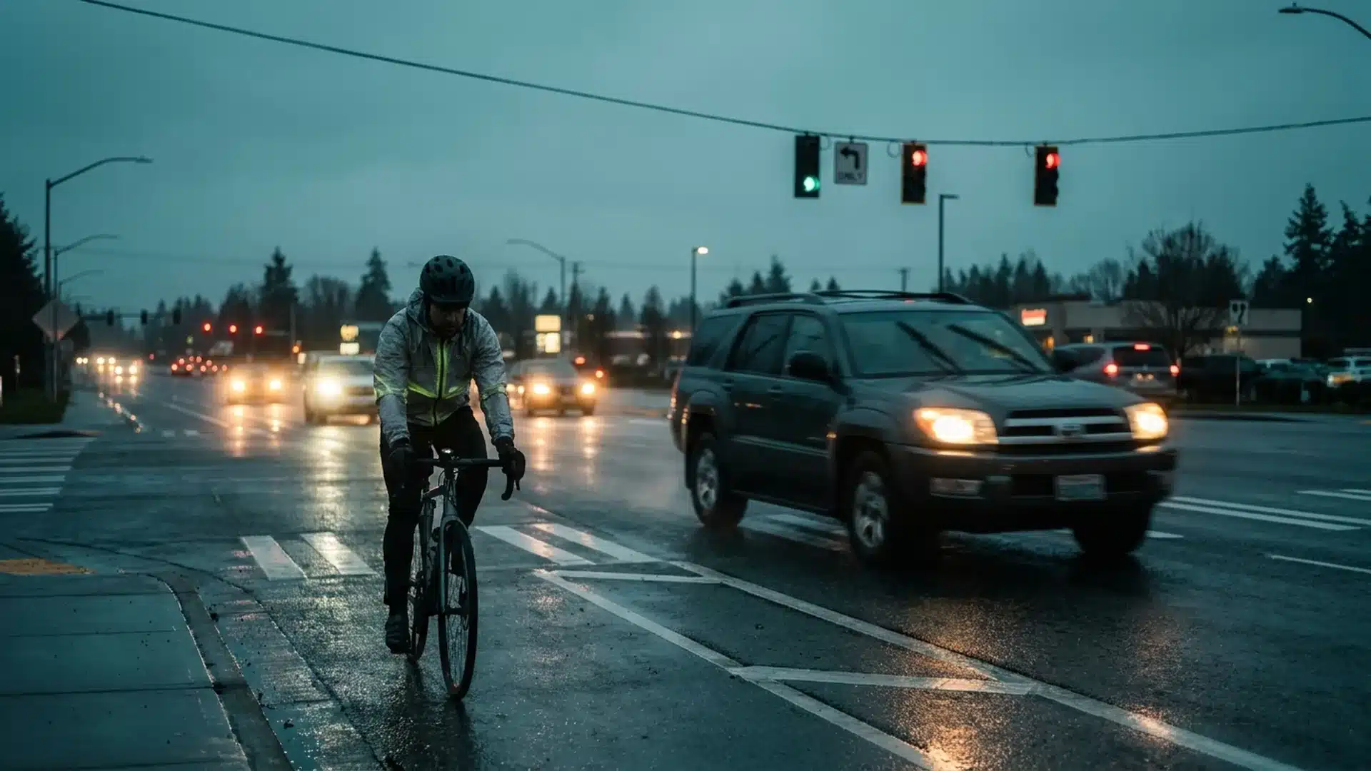 Driver turning an SUV left across a cyclist's path at a wide Kent arterial intersection at dusk