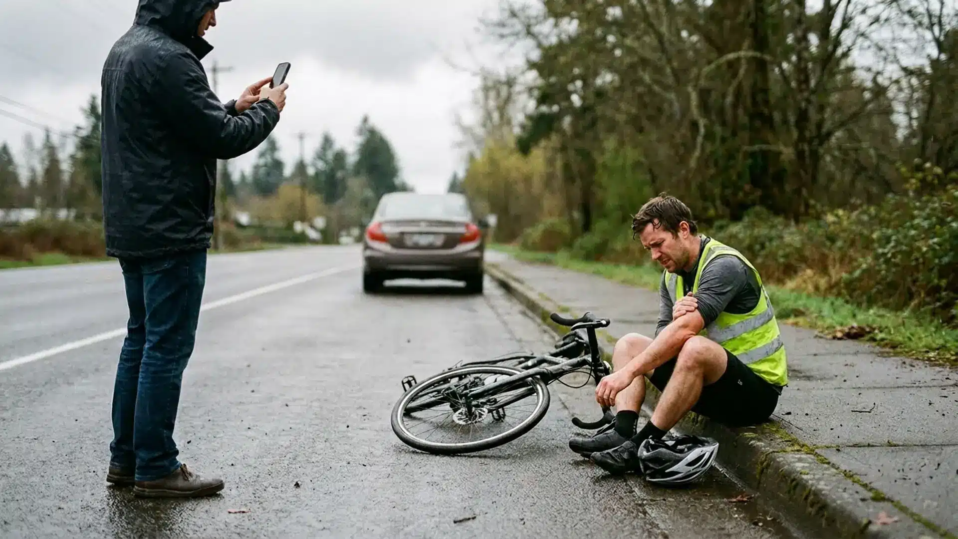 Bystander photographing an injured cyclist seated beside a fallen bike on a Kent roadside after a crash