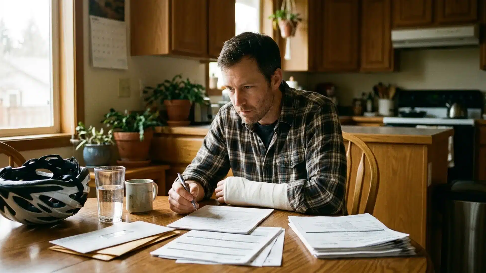 Injured cyclist with arm in a cast reviewing paperwork at a kitchen table