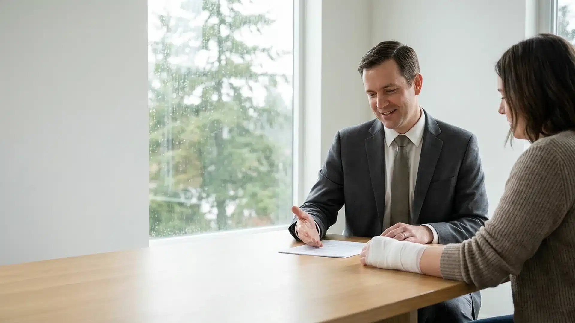 Kent dog bite lawyer meeting an injured client with a bandaged arm