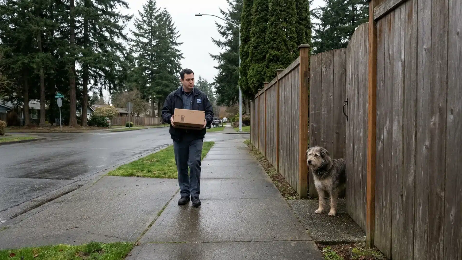 Delivery driver on a public sidewalk past a fenced yard with a dog in Kent